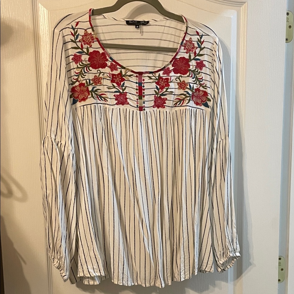 Embroidered Floral Striped Blouse